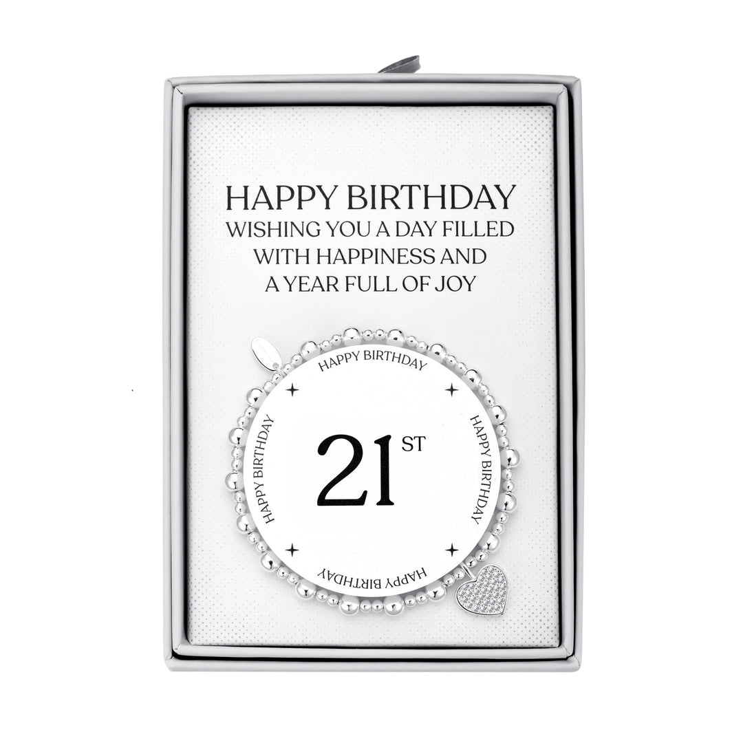 21st Birthday Heart Charm Stretch Bracelet with Quote Gift Box - Philip Jones Jewellery