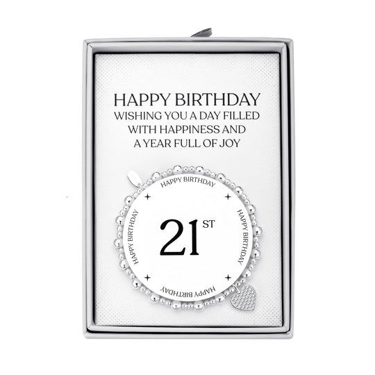 21st Birthday Heart Charm Stretch Bracelet with Quote Gift Box - Philip Jones Jewellery