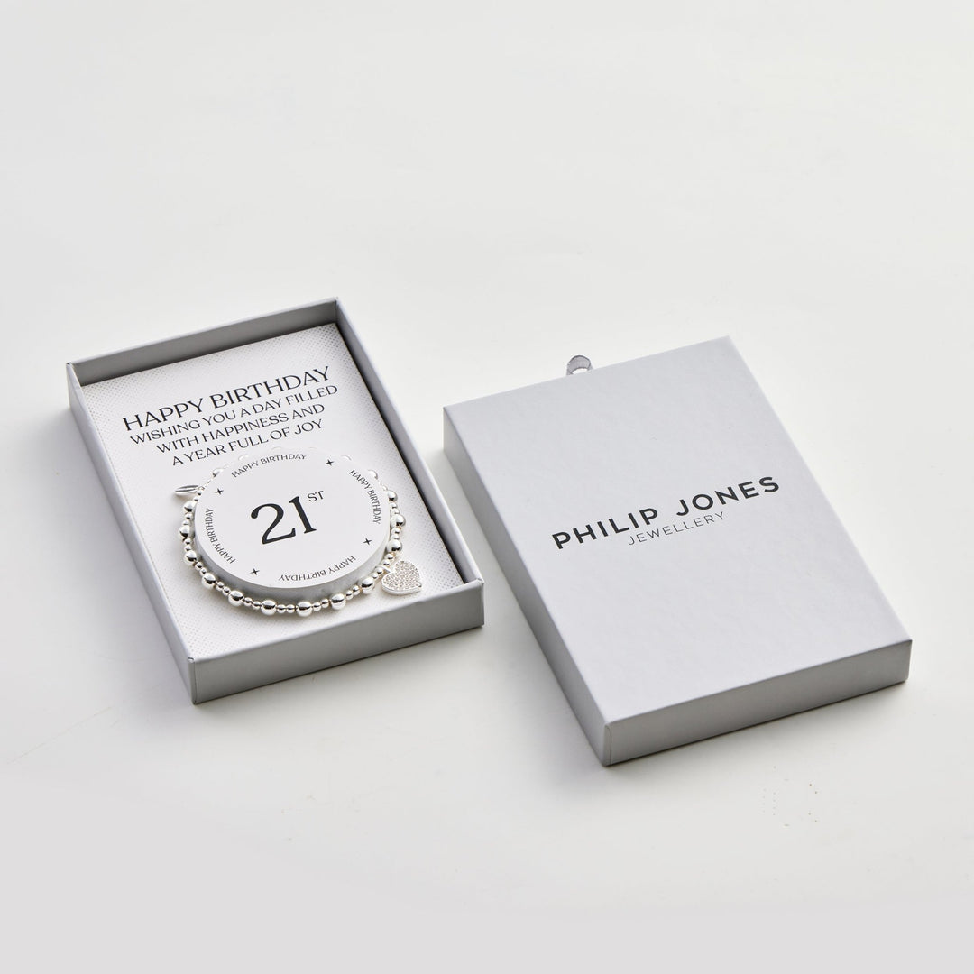 21st Birthday Heart Charm Stretch Bracelet with Quote Gift Box - Philip Jones Jewellery