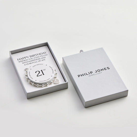 21st Birthday Heart Charm Stretch Bracelet with Quote Gift Box - Philip Jones Jewellery