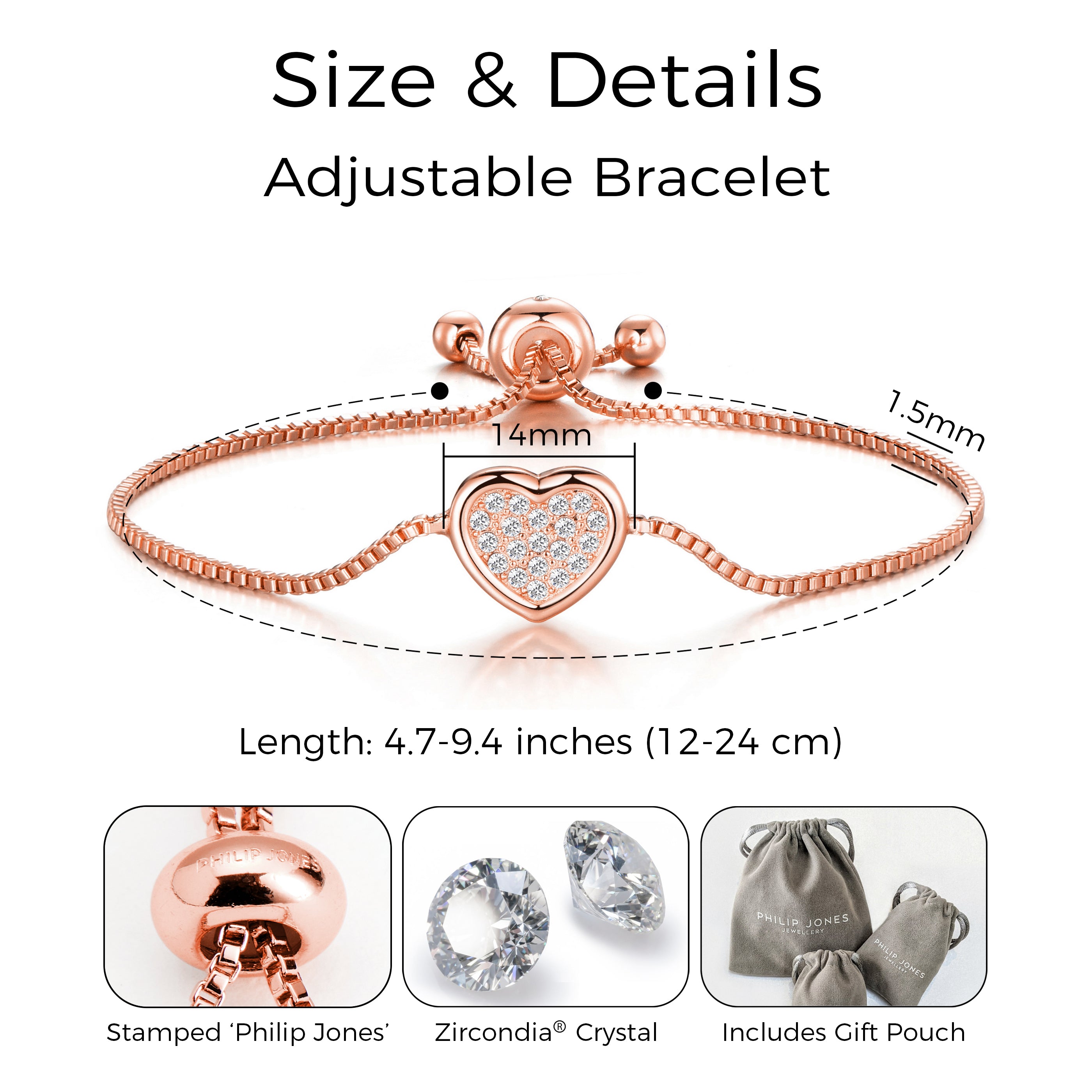 Rose Gold Plated Pave Heart Friendship Bracelet Created with Zircondia® Crystals