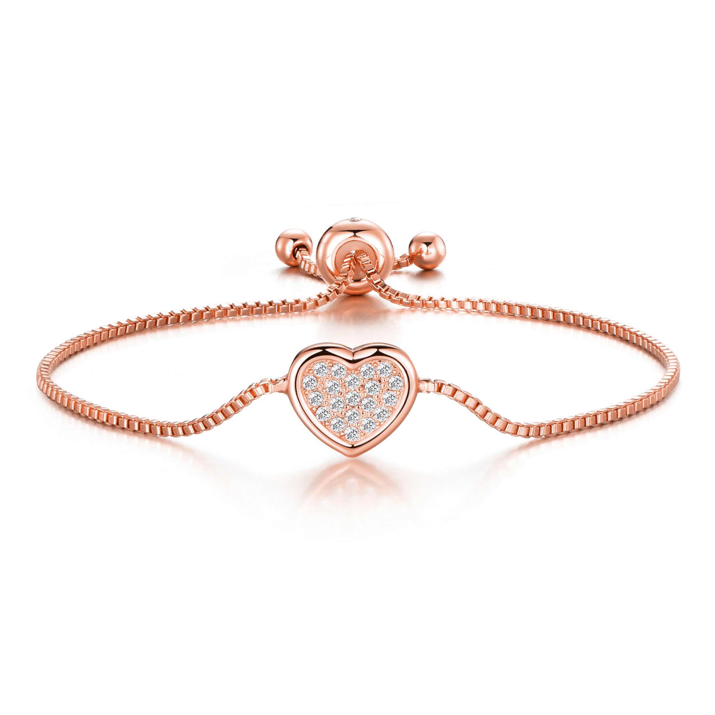 Rose Gold Plated Pave Heart Friendship Bracelet Created with Zircondia® Crystals by Philip Jones Jewellery
