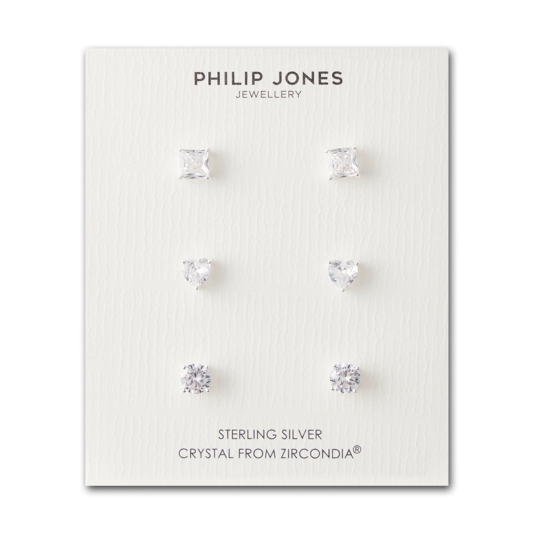 3 Pairs of Sterling Silver Shaped Earrings Created with Zircondia® Crystals - Philip Jones Jewellery