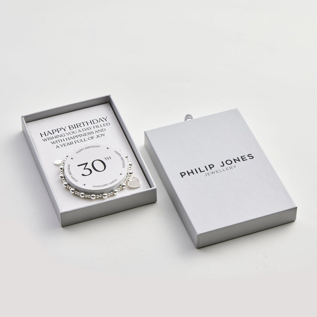 30th Birthday Heart Charm Stretch Bracelet with Quote Gift Box - Philip Jones Jewellery