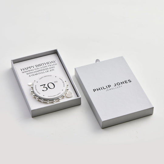 30th Birthday Heart Charm Stretch Bracelet with Quote Gift Box - Philip Jones Jewellery