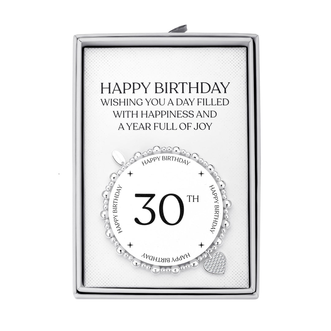 30th Birthday Heart Charm Stretch Bracelet with Quote Gift Box - Philip Jones Jewellery