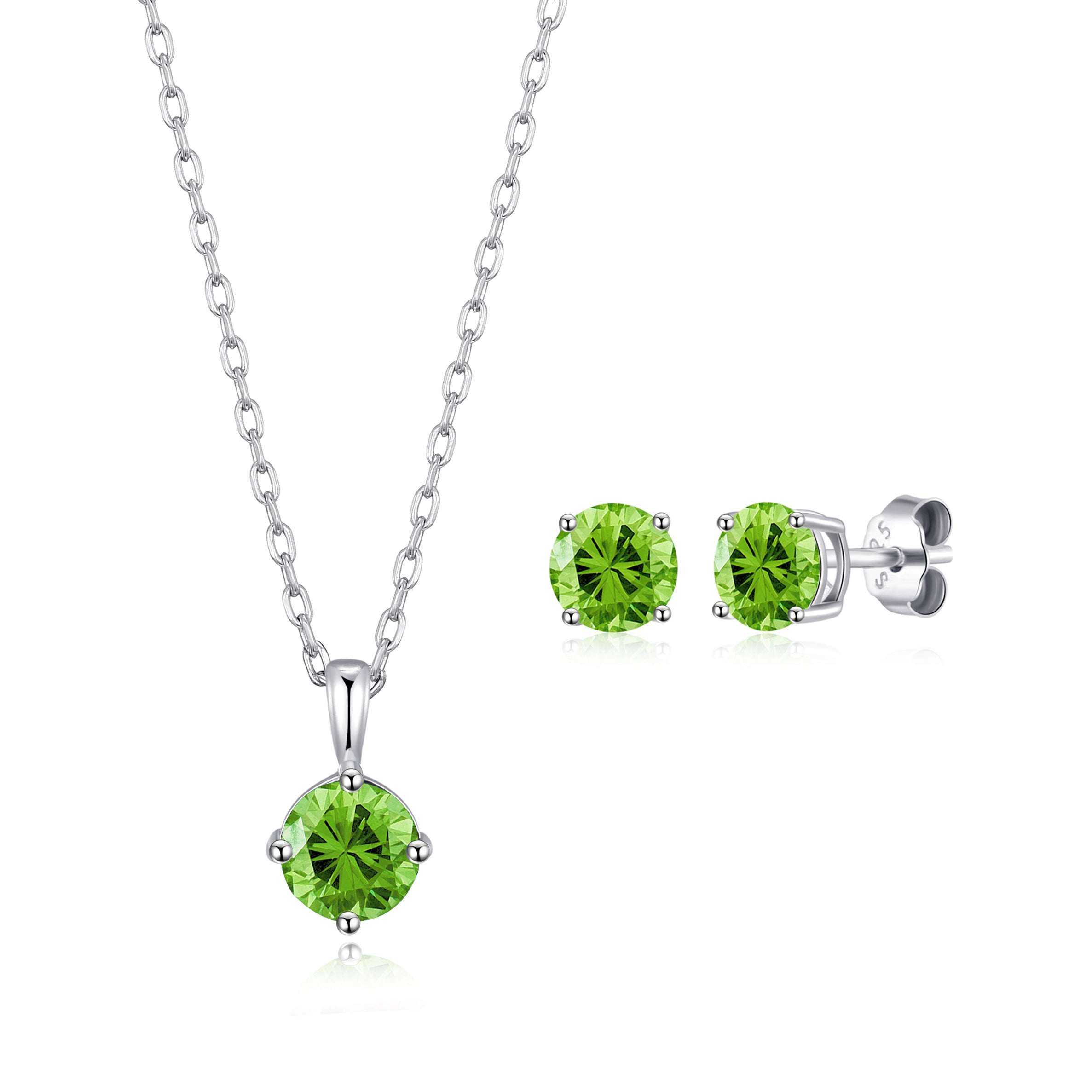 Sterling Silver August (Peridot) Birthstone Necklace & Earrings Set Created with Zircondia® Crystals by Philip Jones Jewellery