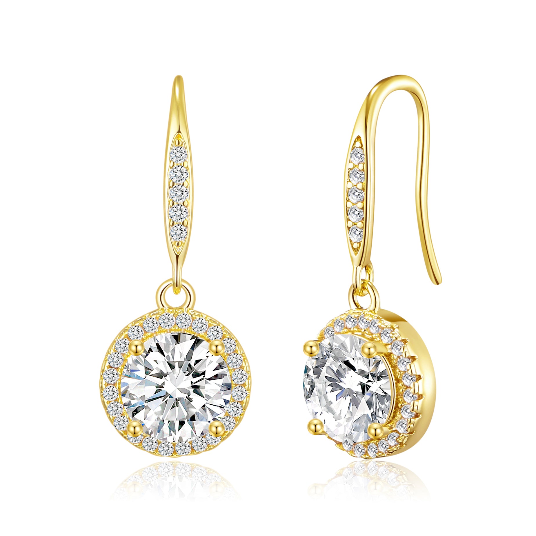 Gold Plated Halo Drop Earrings Created with Zircondia® Crystals by Philip Jones Jewellery