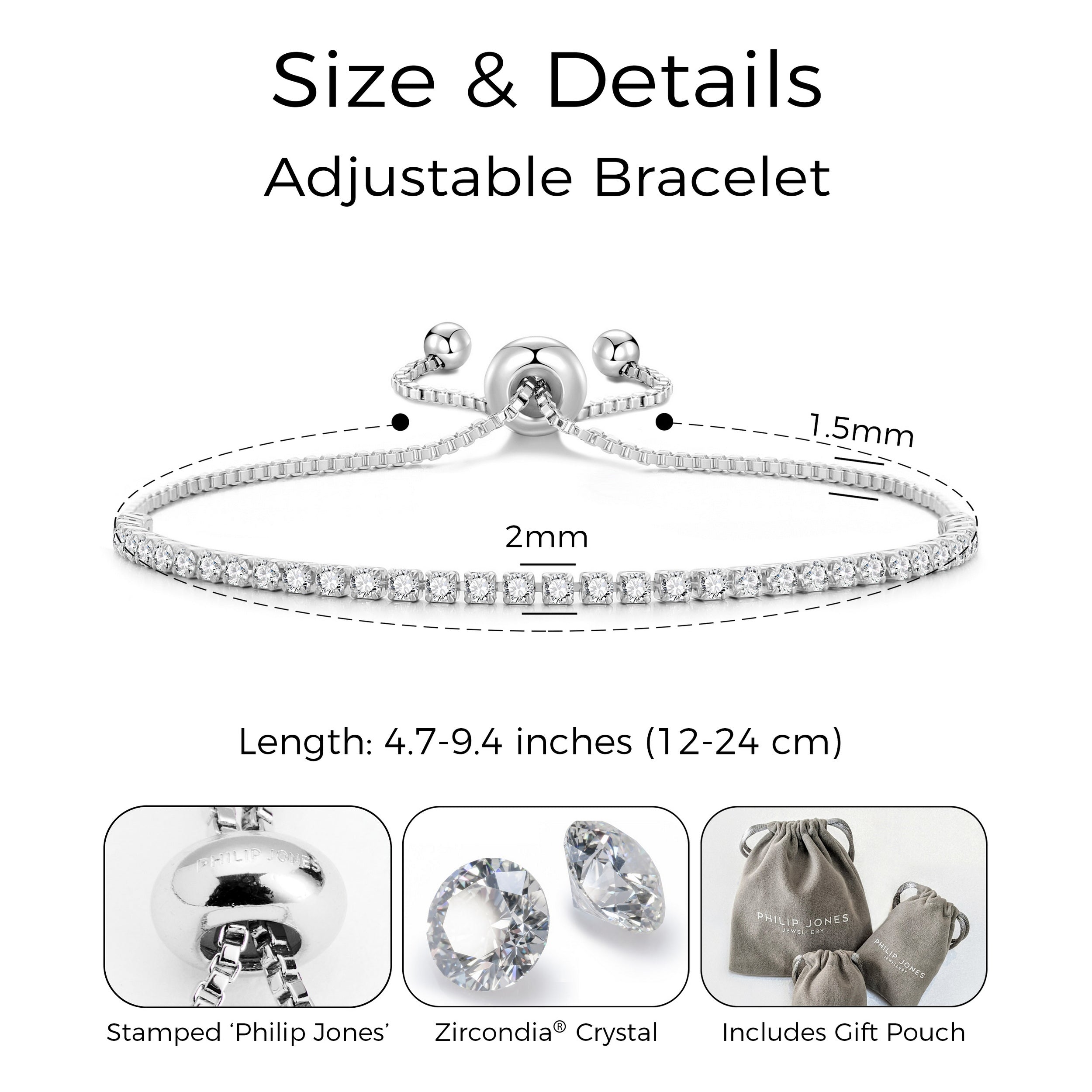 Silver Plated 2mm Adjustable Tennis Bracelet Created with Zircondia® Crystals