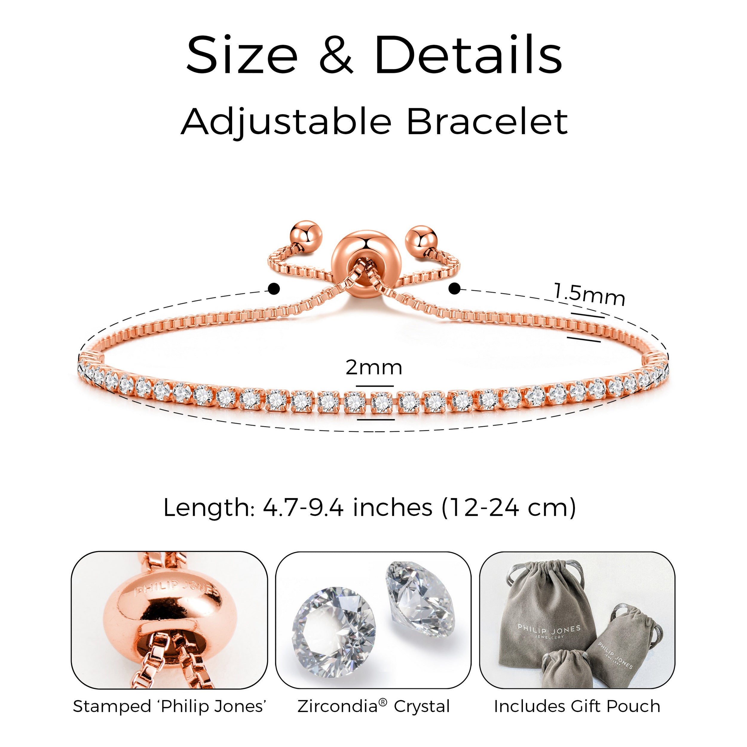Rose Gold Plated 2mm Adjustable Tennis Bracelet Created with Zircondia® Crystals