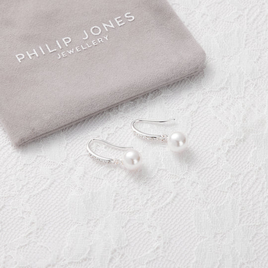 Silver Plated Pearl Drop Bridal Earrings Created with Zircondia® Crystals
