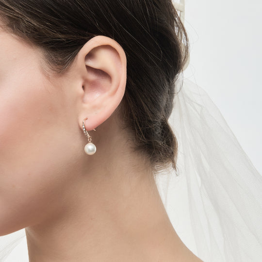 Rose Gold Plated Pearl Drop Bridal Earrings Created with Zircondia® Crystals