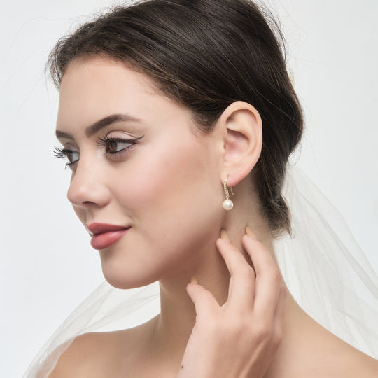Gold Plated Pearl Drop Bridal Earrings Created with Zircondia® Crystals