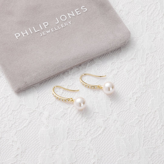 Gold Plated Pearl Drop Bridal Earrings Created with Zircondia® Crystals
