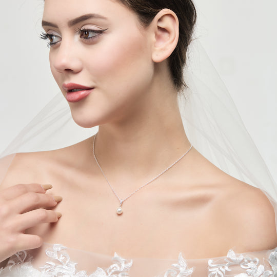 Silver Plated Pearl Drop Bridal Necklace Created with Zircondia® Crystals