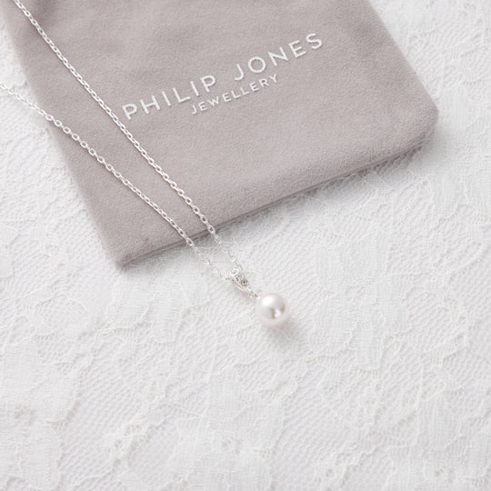 Silver Plated Pearl Drop Bridal Necklace Created with Zircondia® Crystals