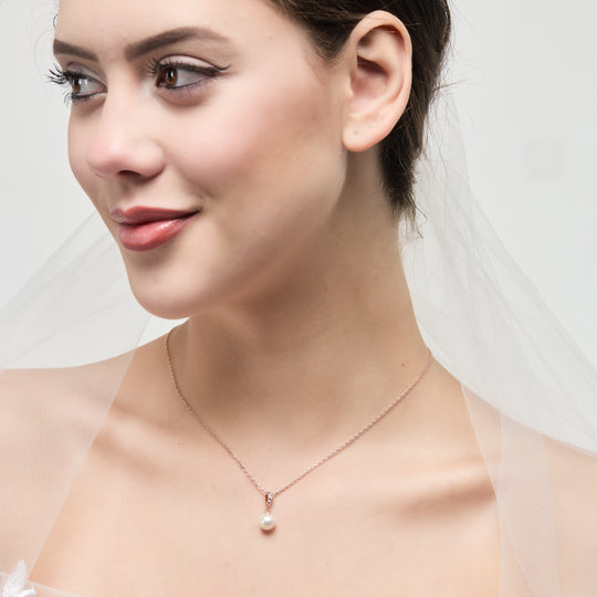 Rose Gold Plated Pearl Drop Bridal Necklace Created with Zircondia® Crystals