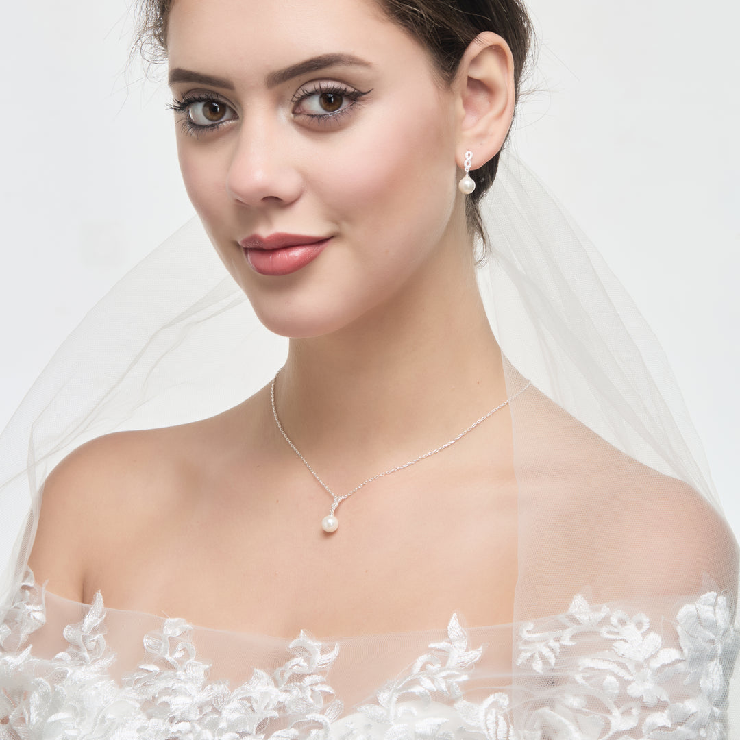 Silver Plated Infinity Pearl Drop Bridal Set Created with Zircondia® Crystals