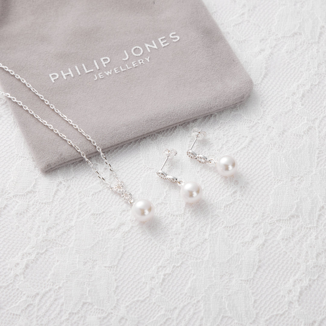 Silver Plated Infinity Pearl Drop Bridal Set Created with Zircondia® Crystals
