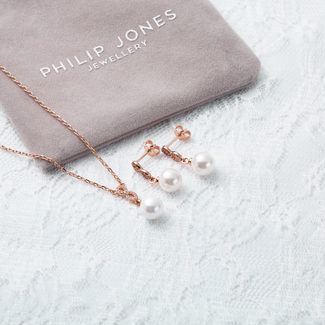 Rose Gold Plated Infinity Pearl Drop Bridal Set Created with Zircondia® Crystals