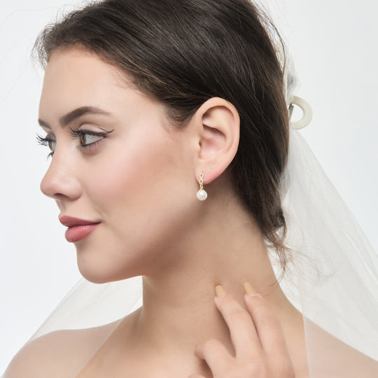 Gold Plated Infinity Pearl Drop Bridal Earrings Created with Zircondia® Crystals