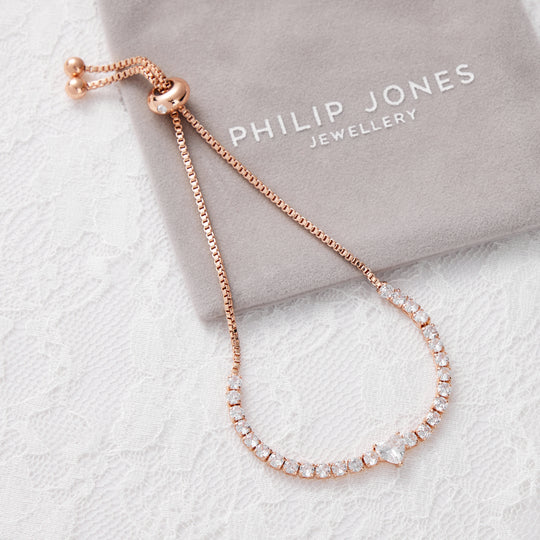 Rose Gold Plated Heart Solitaire Bridal Bracelet Created with Zircondia® Crystals