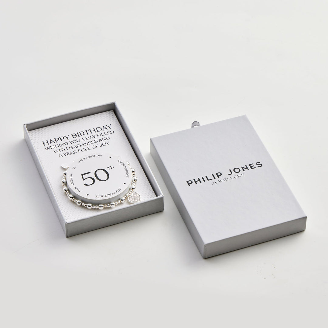 50th Birthday Heart Charm Stretch Bracelet with Quote Gift Box - Philip Jones Jewellery