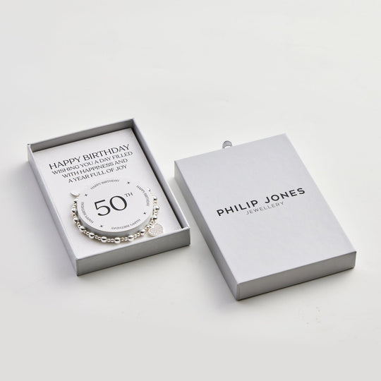50th Birthday Heart Charm Stretch Bracelet with Quote Gift Box - Philip Jones Jewellery