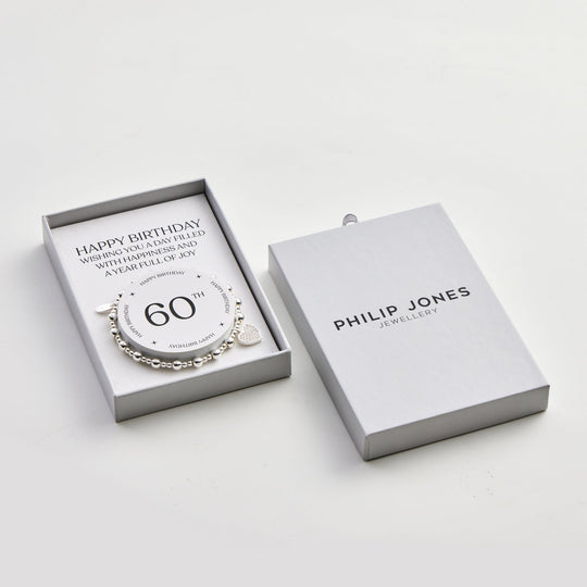 60th Birthday Heart Charm Stretch Bracelet with Quote Gift Box - Philip Jones Jewellery