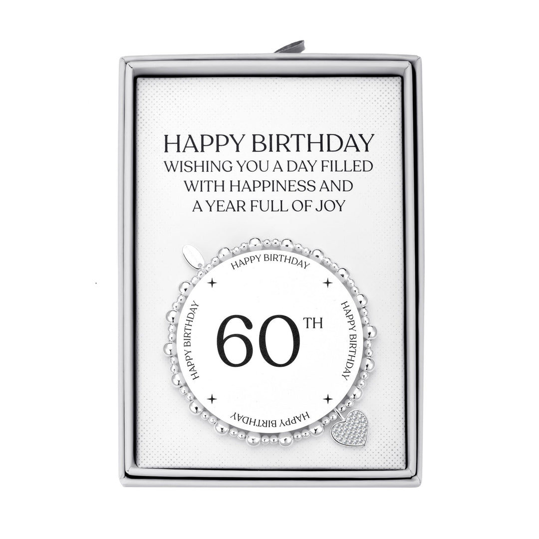 60th Birthday Heart Charm Stretch Bracelet with Quote Gift Box - Philip Jones Jewellery