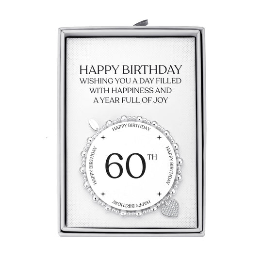 60th Birthday Heart Charm Stretch Bracelet with Quote Gift Box - Philip Jones Jewellery