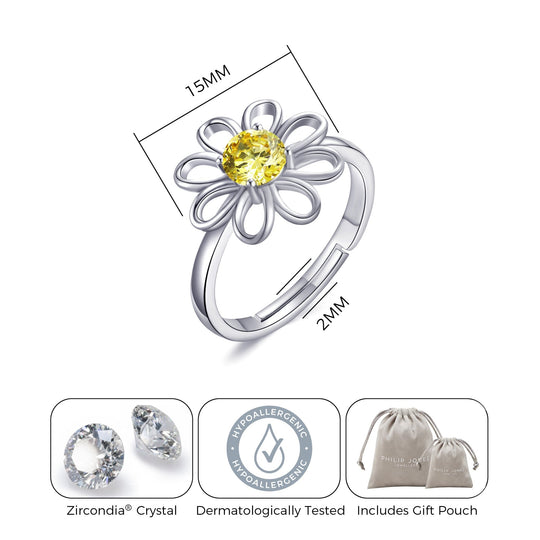 Adjustable Crystal Daisy Ring Created with Zircondia® Crystals - Philip Jones Jewellery