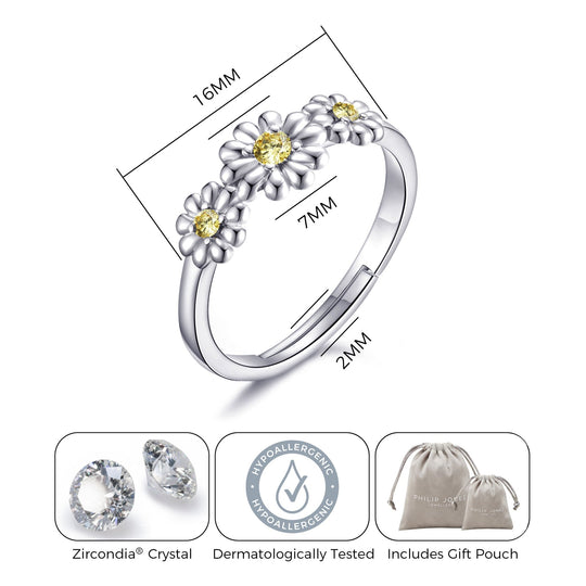 Adjustable Triple Crystal Daisy Ring Created with Zircondia® Crystals - Philip Jones Jewellery