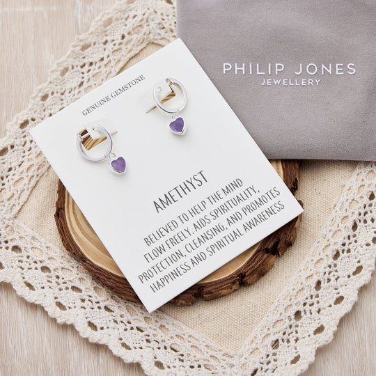 Amethyst Gemstone Heart Charm Hoop Earrings with Quote Card - Philip Jones Jewellery