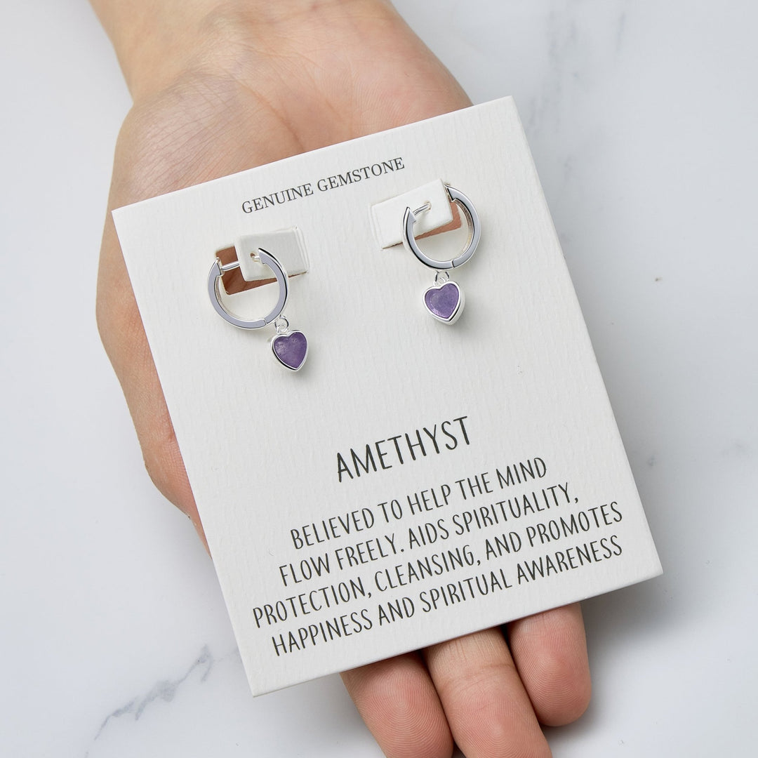 Amethyst Gemstone Heart Charm Hoop Earrings with Quote Card - Philip Jones Jewellery