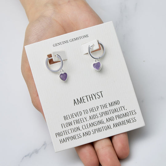 Amethyst Gemstone Heart Charm Hoop Earrings with Quote Card - Philip Jones Jewellery