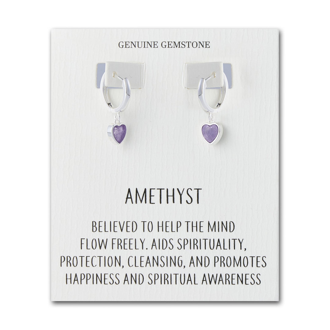 Amethyst Gemstone Heart Charm Hoop Earrings with Quote Card - Philip Jones Jewellery