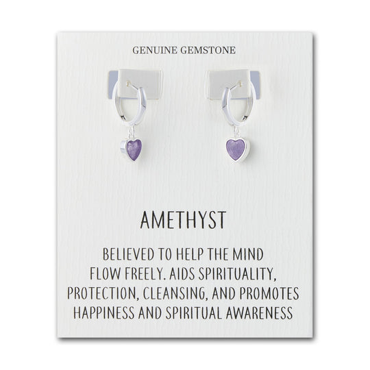Amethyst Gemstone Heart Charm Hoop Earrings with Quote Card - Philip Jones Jewellery
