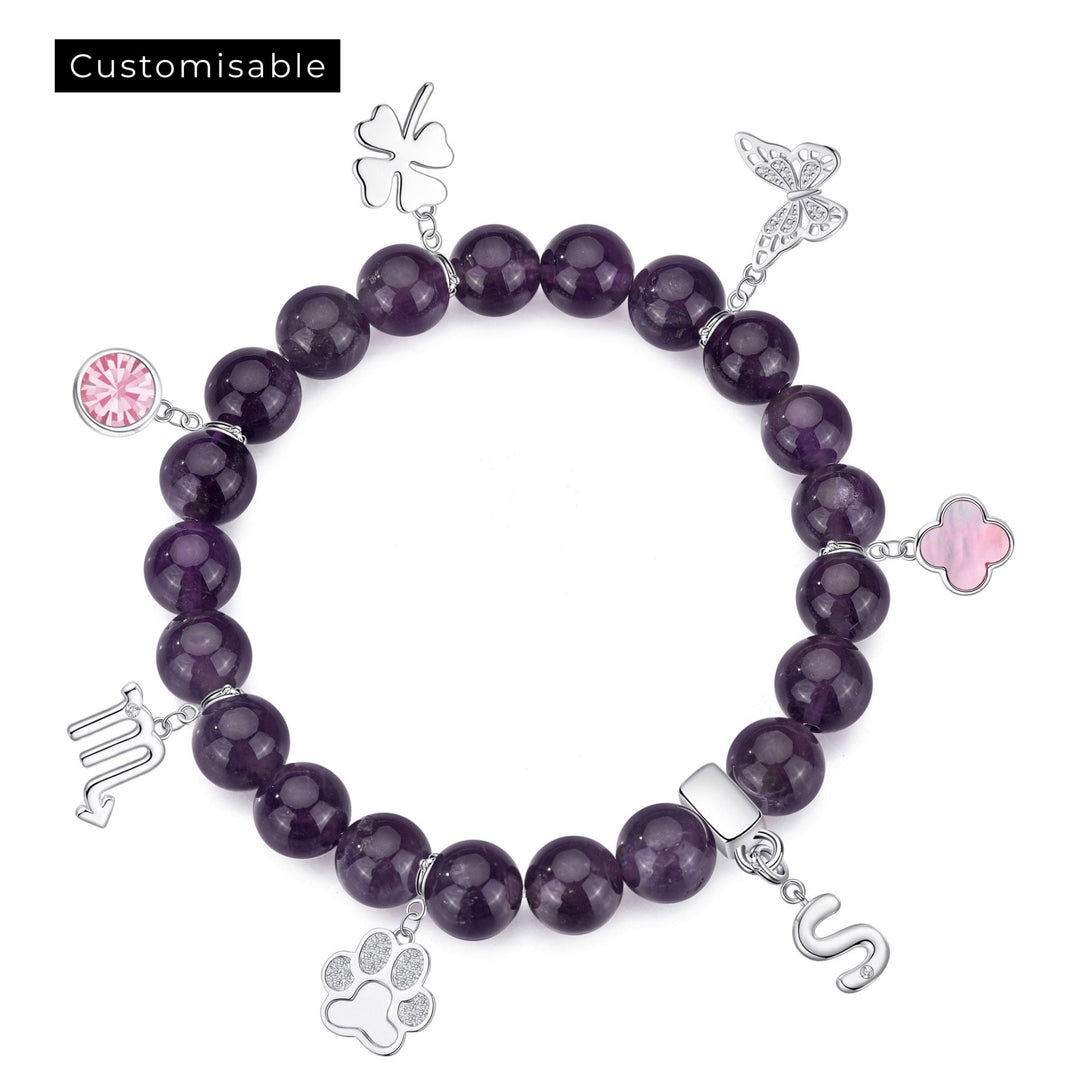 Amethyst Gemstone Stretch Bracelet with Choice of Charms - Philip Jones Jewellery