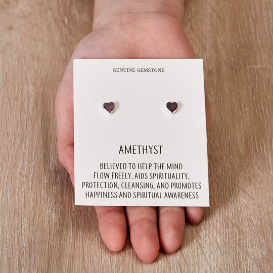 Amethyst Heart Stud Earrings with Quote Card - Philip Jones Jewellery