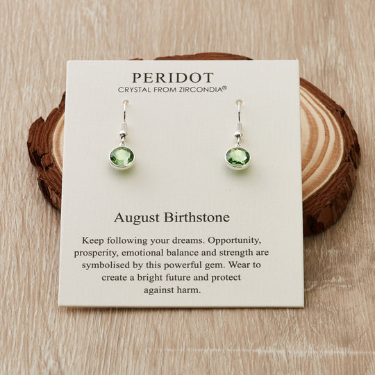 August Birthstone Drop Earrings Created with Peridot Zircondia® Crystals - Philip Jones Jewellery