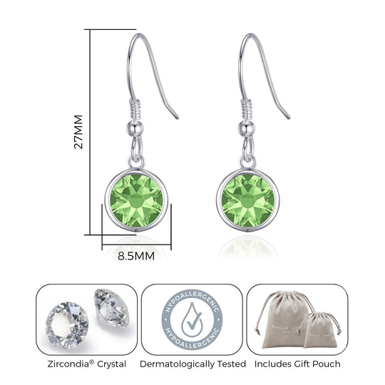 August Birthstone Drop Earrings Created with Peridot Zircondia® Crystals - Philip Jones Jewellery