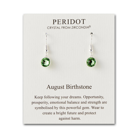 August Birthstone Drop Earrings Created with Peridot Zircondia® Crystals - Philip Jones Jewellery