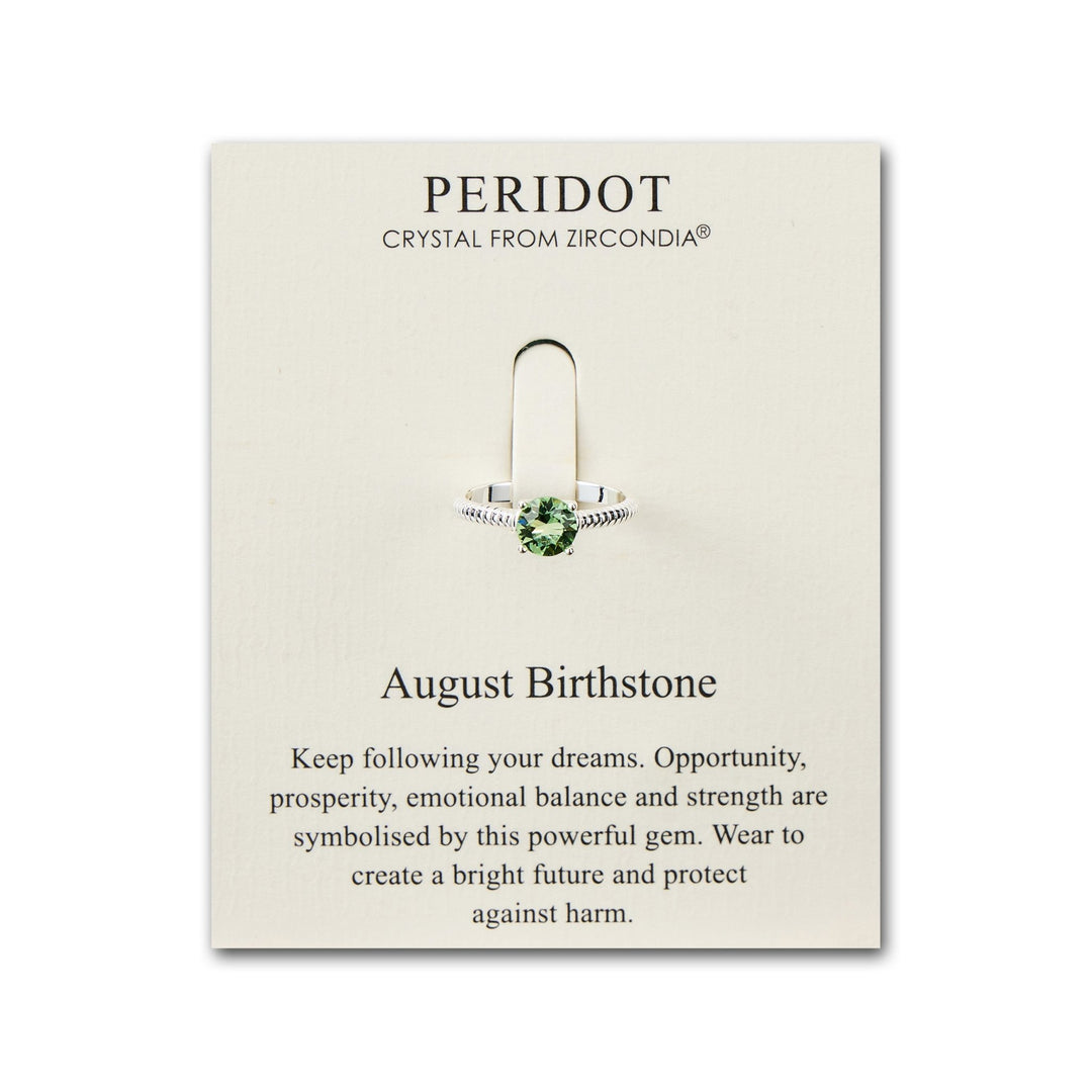 August (Peridot) Adjustable Birthstone Ring Created with Zircondia® Crystals - Philip Jones Jewellery