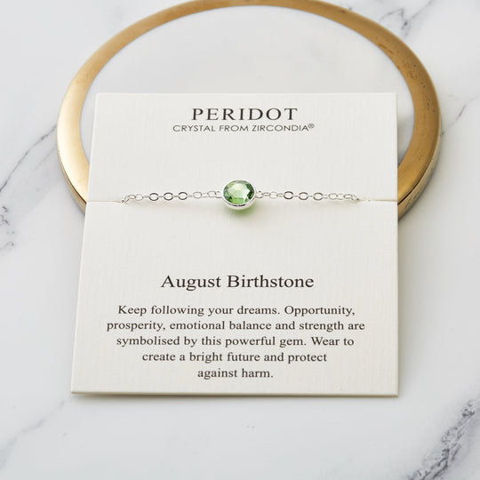 August (Peridot) Birthstone Anklet Created with Zircondia® Crystals - Philip Jones Jewellery