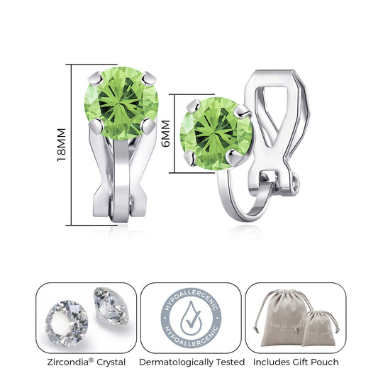 August (Peridot) Birthstone Clip On Earrings Created with Zircondia® Crystals - Philip Jones Jewellery