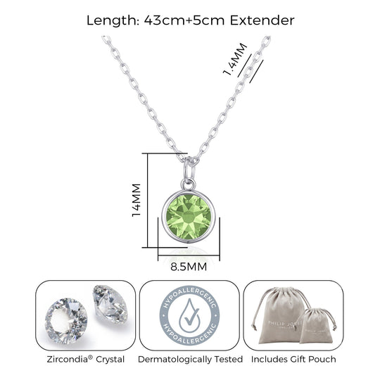 August (Peridot) Birthstone Necklace Created with Zircondia® Crystals - Philip Jones Jewellery