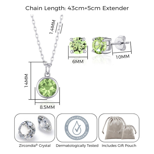 August (Peridot) Birthstone Necklace & Earrings Set Created with Zircondia® Crystals - Philip Jones Jewellery