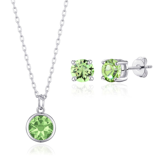 August (Peridot) Birthstone Necklace & Earrings Set Created with Zircondia® Crystals - Philip Jones Jewellery