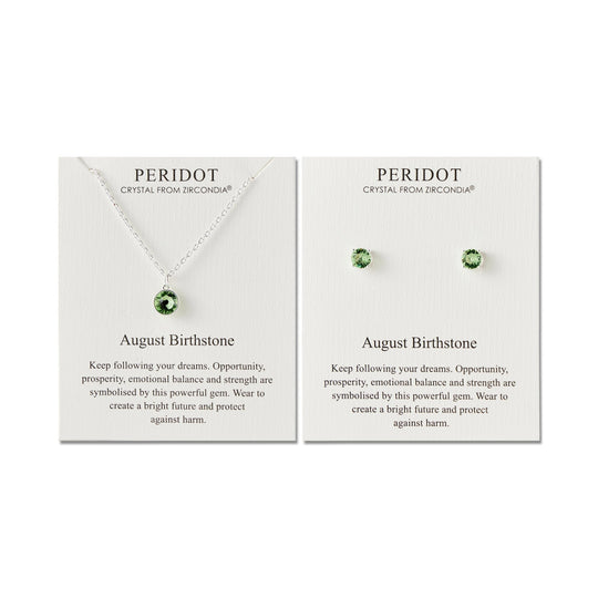 August (Peridot) Birthstone Necklace & Earrings Set Created with Zircondia® Crystals - Philip Jones Jewellery